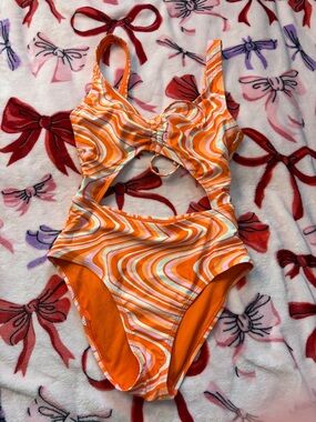 No Boundaries Orange Striped Cutout One-Piece Swimsuit